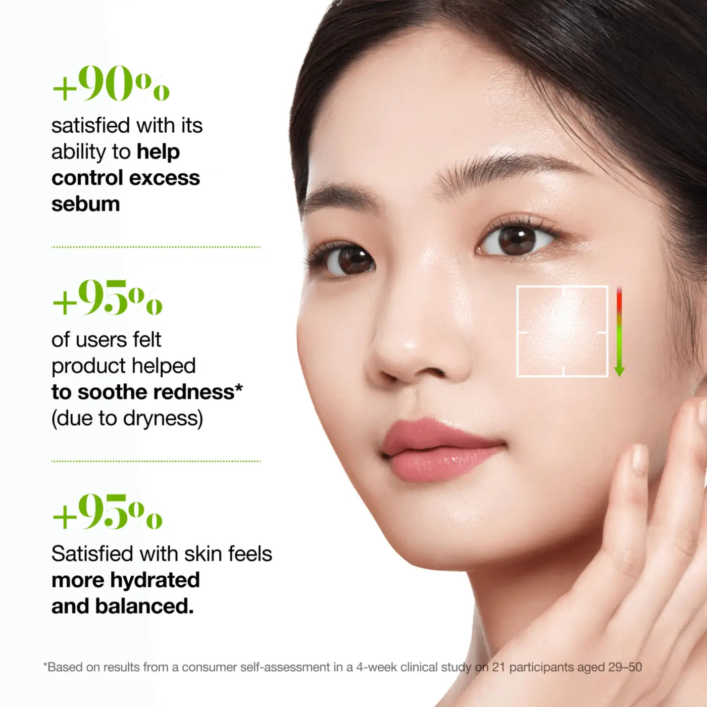 A woman with clear radiant skin gently touches her cheek using azelaic acid 3 cica skin clarifying toner