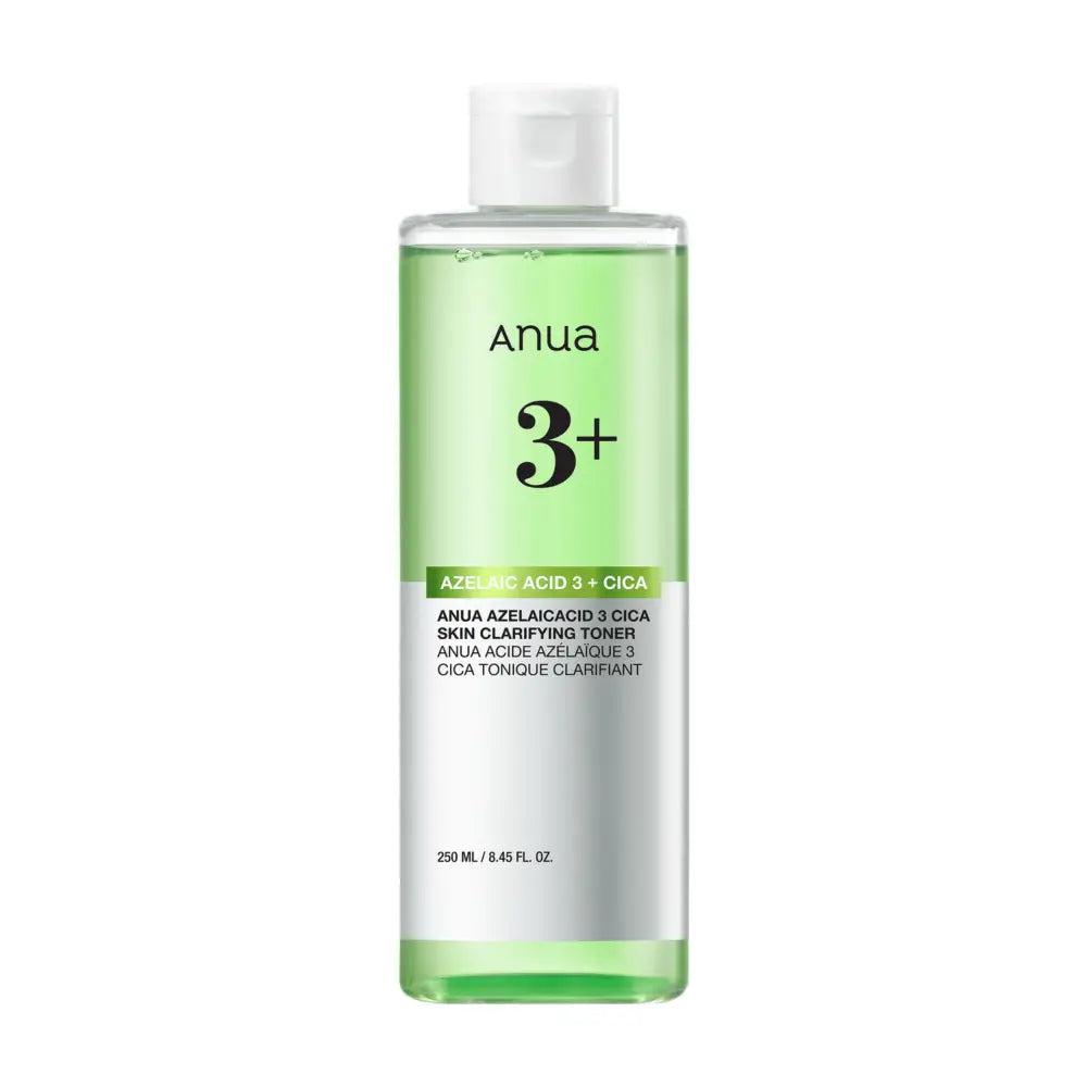 Clear glass bottle with white cap containing light green azelaic acid 3 cica skin clarifying toner liquid