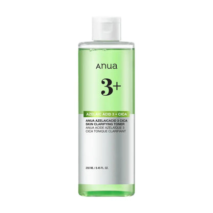 Clear glass bottle with white cap containing light green azelaic acid 3 cica skin clarifying toner liquid