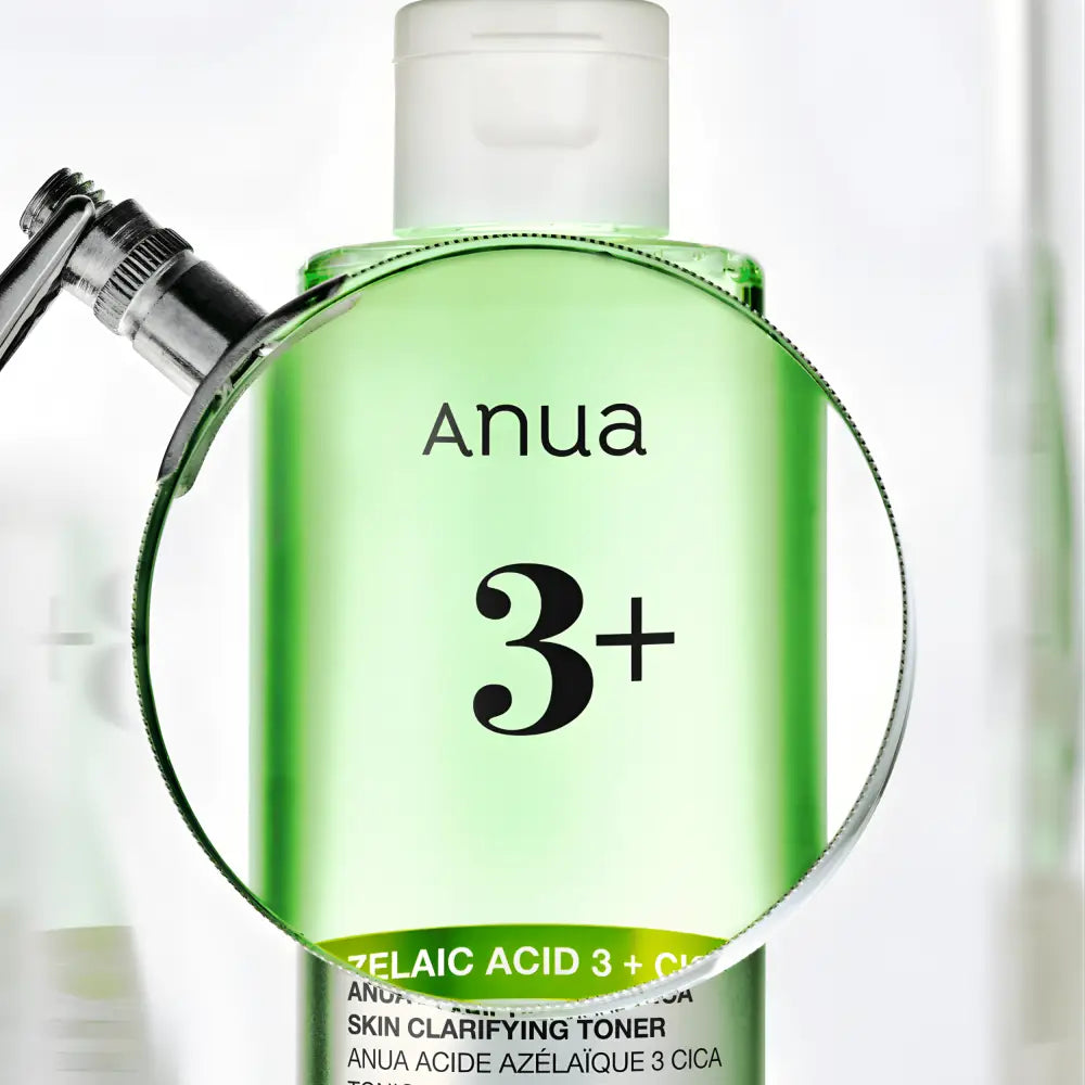 A clear green bottle of Anua Azelaic Acid 3 Cica skin clarifying toner with white cap and silver pump for skin clarifying