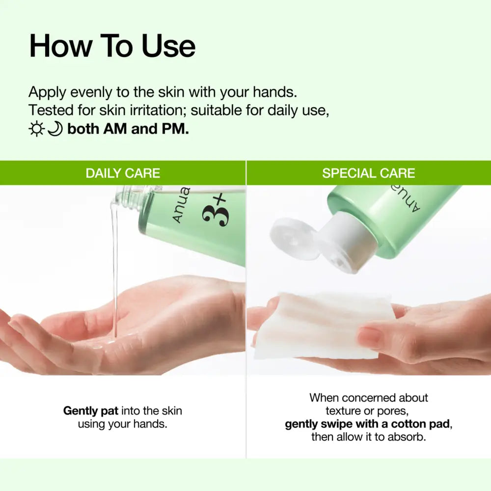 Light green translucent bottle with white cap and black anua 3+ branding of azelaic acid cica skin clarifying toner