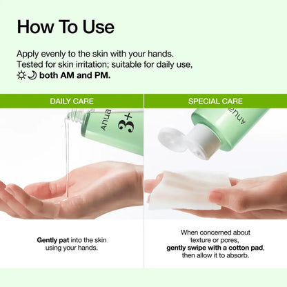 Light green translucent bottle with white cap and black anua 3+ branding of azelaic acid cica skin clarifying toner