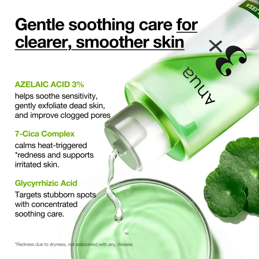 A translucent green bottle of anua azelaic acid cica skin clarifying toner with clear liquid poured into a glass bowl