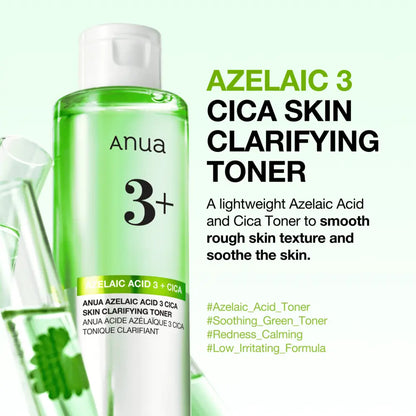 A translucent green bottle of anua azelaic acid 3 cica skin clarifying toner with a white cap and black text labeling