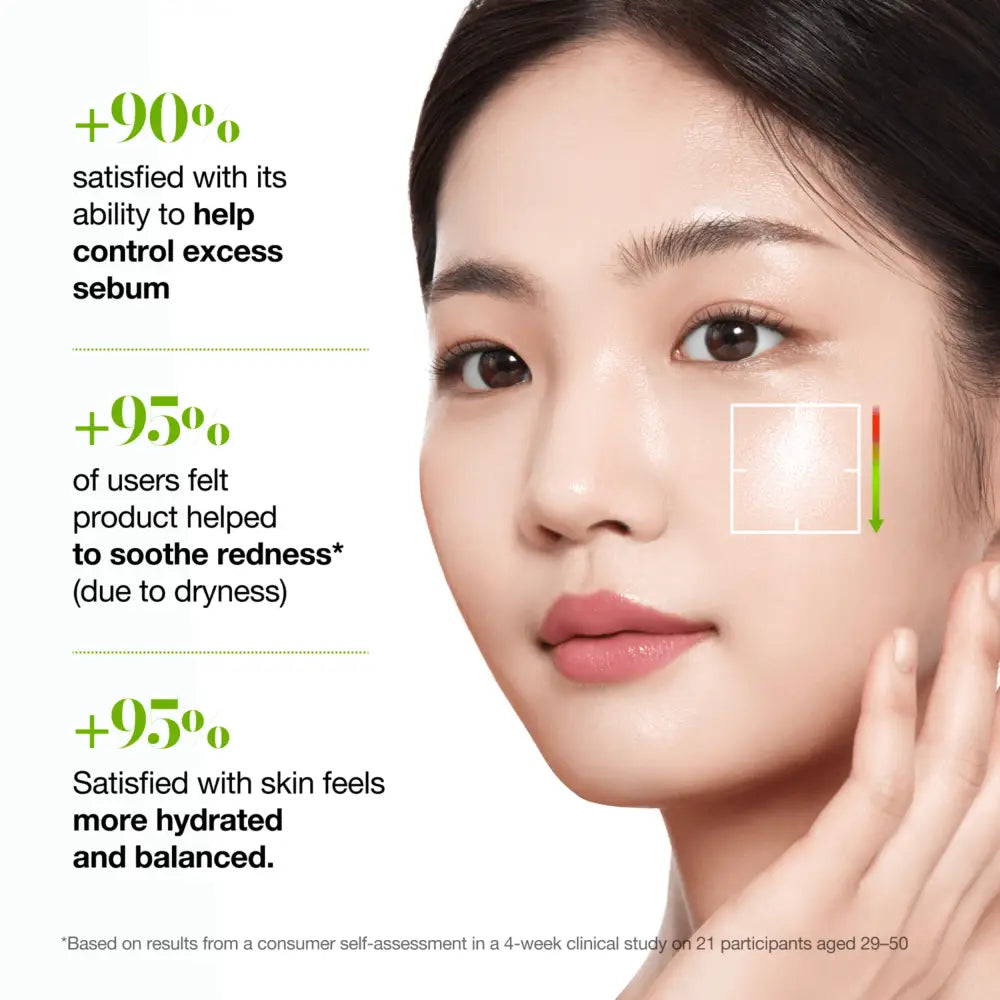 A woman with clear radiant skin gently touches her cheek promoting azelaic acid cica skin clarifying toner benefits