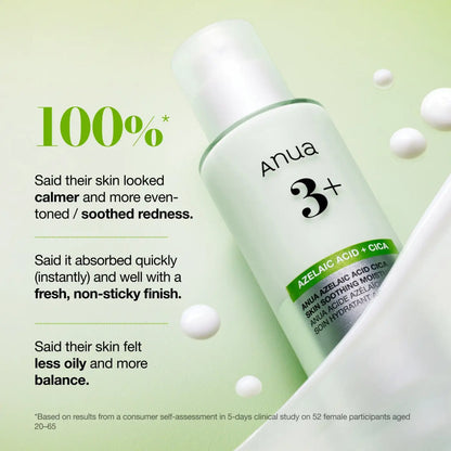 White cylindrical bottle with silver cap and green label anua 3 plus azelaic acid cica skin soothing moisturizer