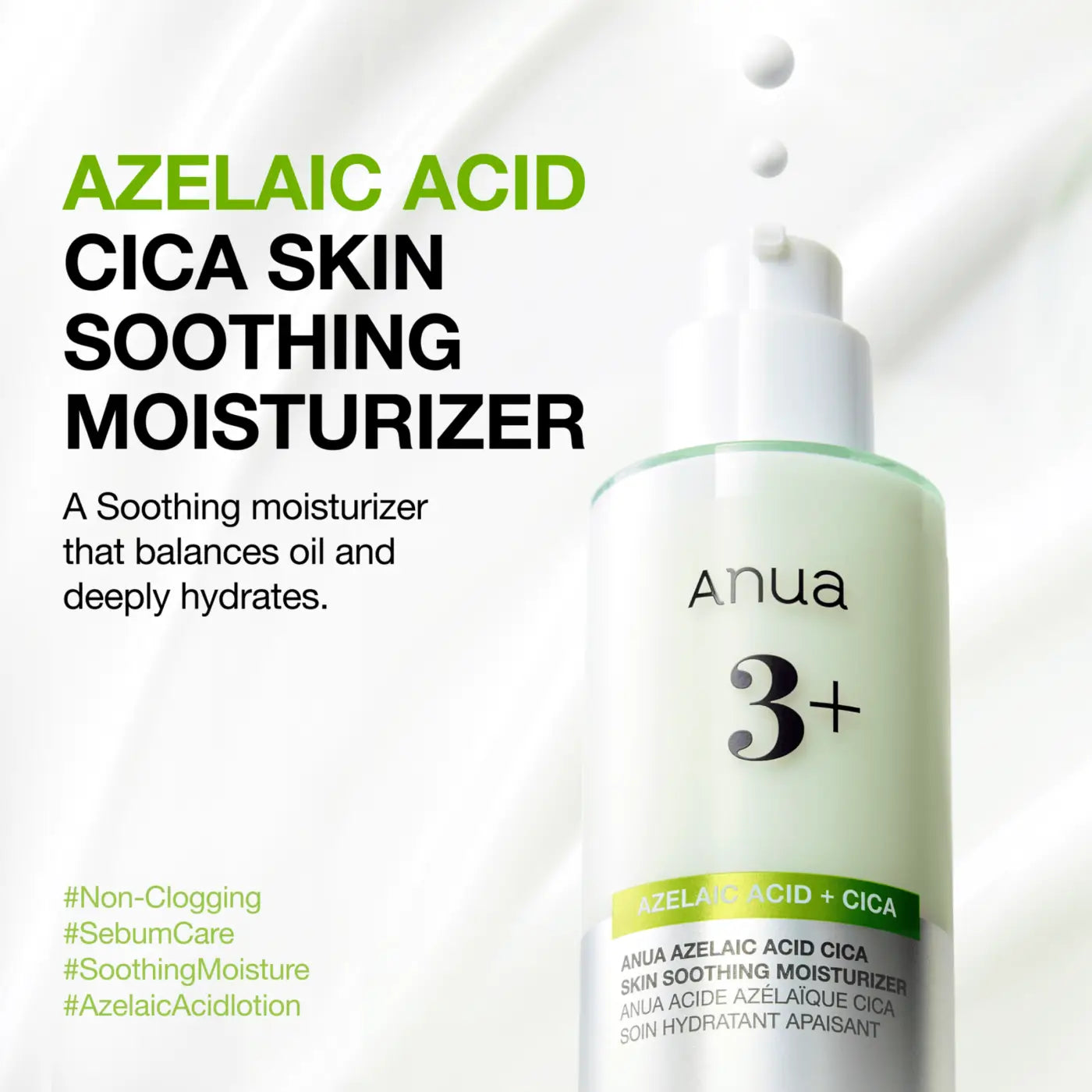 A sleek translucent green bottle of anua azelaic acid cica skin soothing moisturizer with white pump dispenser