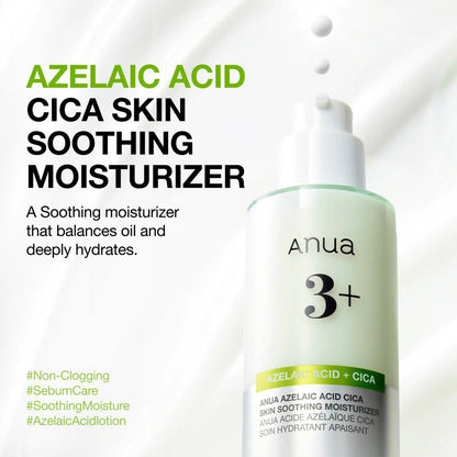 A sleek translucent green bottle of anua azelaic acid cica skin soothing moisturizer with white pump dispenser