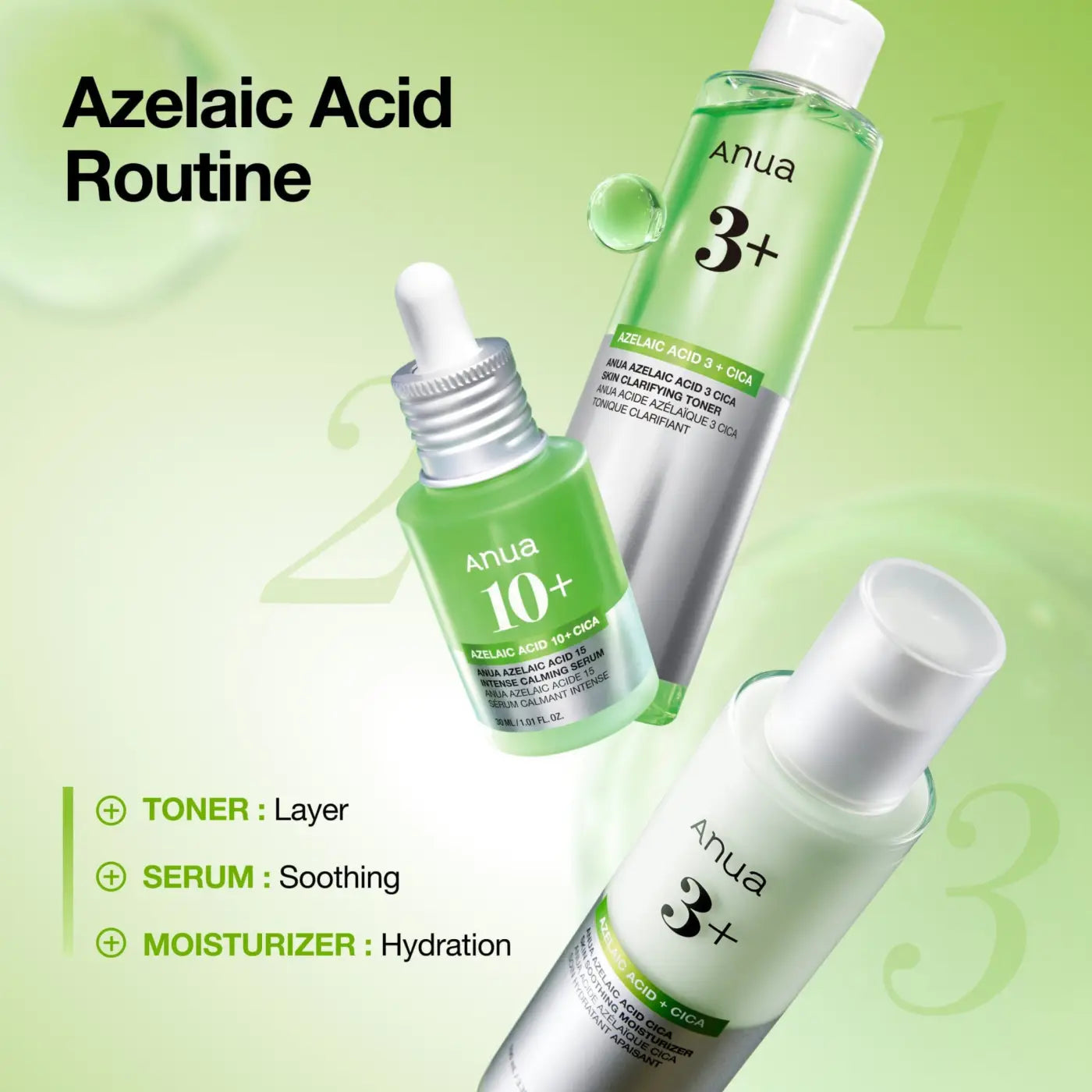 Green and silver azelaic acid cica skin soothing moisturizer bottles in sleek glass with white caps including toner serum and moisturizer