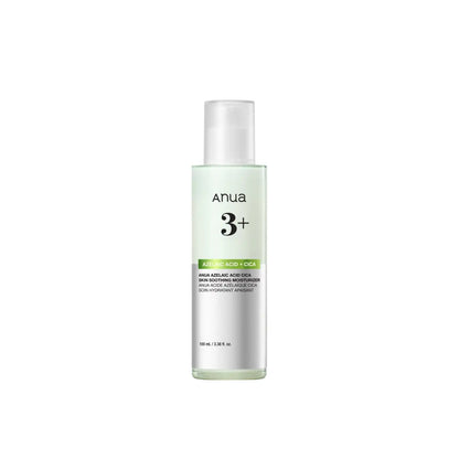 A sleek transparent glass bottle of anua azelaic acid cica skin soothing moisturizer with light green liquid and white cap