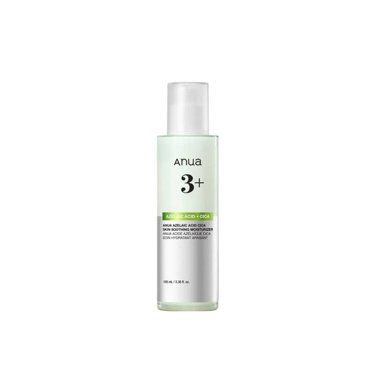 A sleek transparent glass bottle of anua azelaic acid cica skin soothing moisturizer with light green liquid and white cap