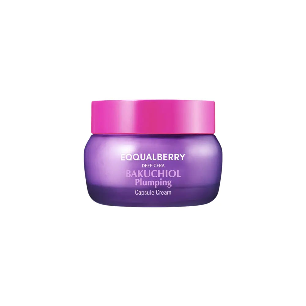 Purple glass jar with vibrant pink lid containing equalberry bakuchiol plumping capsule cream for korean skincare South Africa