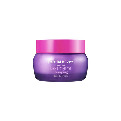 Purple glass jar with vibrant pink lid containing equalberry bakuchiol plumping capsule cream for korean skincare South Africa