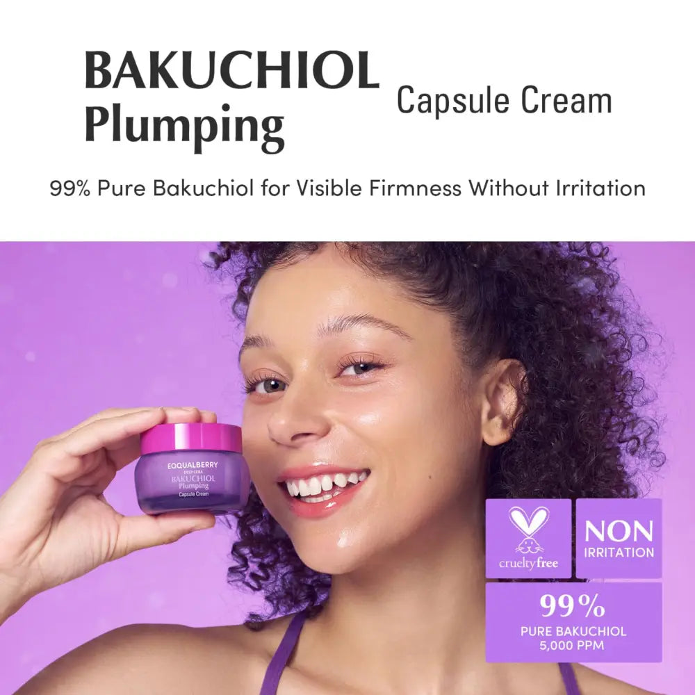 Purple jar with pink lid containing bakuchiol plumping capsule cream for skin in korean skincare south africa 50ml