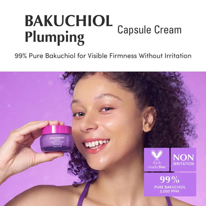Purple jar with pink lid containing bakuchiol plumping capsule cream for skin in korean skincare south africa 50ml
