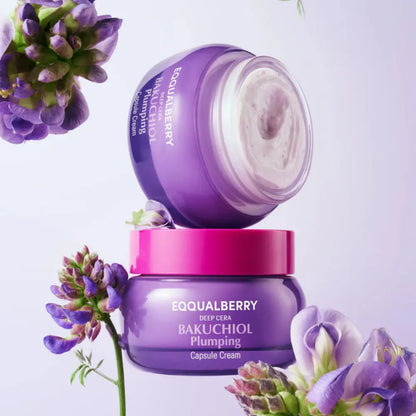 Purple and pink glass jar of equalberry bakuchiol plumping capsule cream with white creamy texture for korean skincare south africa