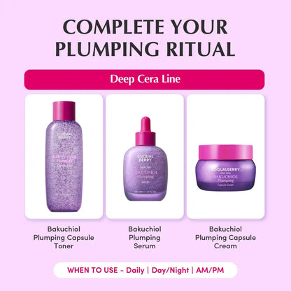 Purple glass bottles and jars with pink caps featuring equal berry bakuchiol plumping capsule toner 150ml
