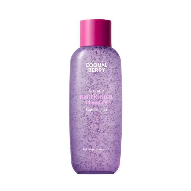 A translucent purple bottle with a pink cap containing eqqual berry deep bakuchiol plumping capsule toner 150ml