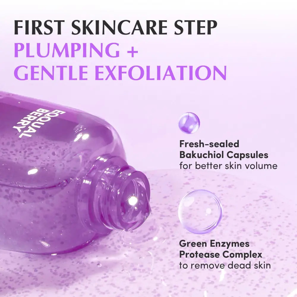 A translucent purple bakuchiol plumping capsule toner bottle with clear cap contains gel liquid with bubbles