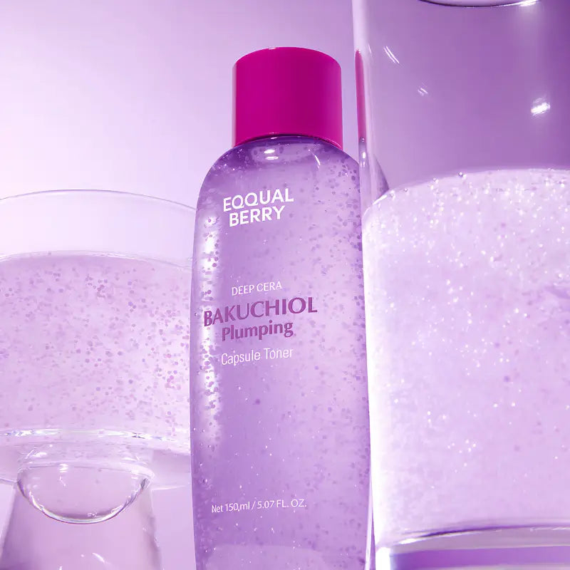 A translucent purple bottle with a vibrant pink cap contains bakuchiol plumping capsule toner 150ml sparkling liquid