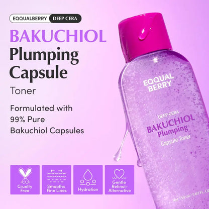 A transparent purple bottle with pink cap containing sparkling liquid bakuchiol plumping capsule toner 150ml