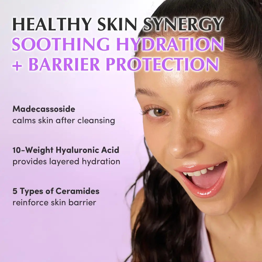 A woman with dark hair and a radiant smile showcasing glowing skin using bakuchiol plumping capsule toner 150ml