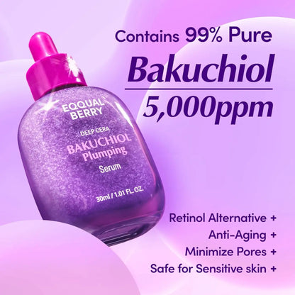 A purple glass bottle with a pink dropper cap containing 30ml bakuchiol plumping serum for skin by best korean skincare brands sa