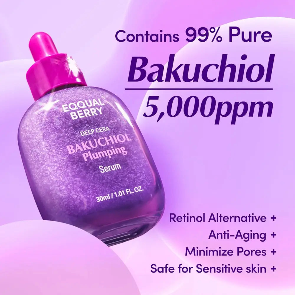 A purple glass bottle with a pink dropper cap containing 30ml of bakuchiol plumping serum for korean skincare south africa
