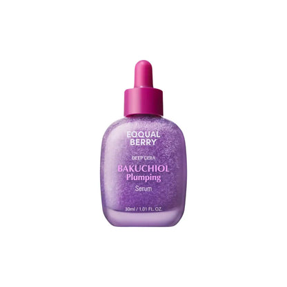 A purple glass bottle of equal berry deep cera bakuchiol plumping serum with a pink dropper cap for authentic k-beauty skin in south africa