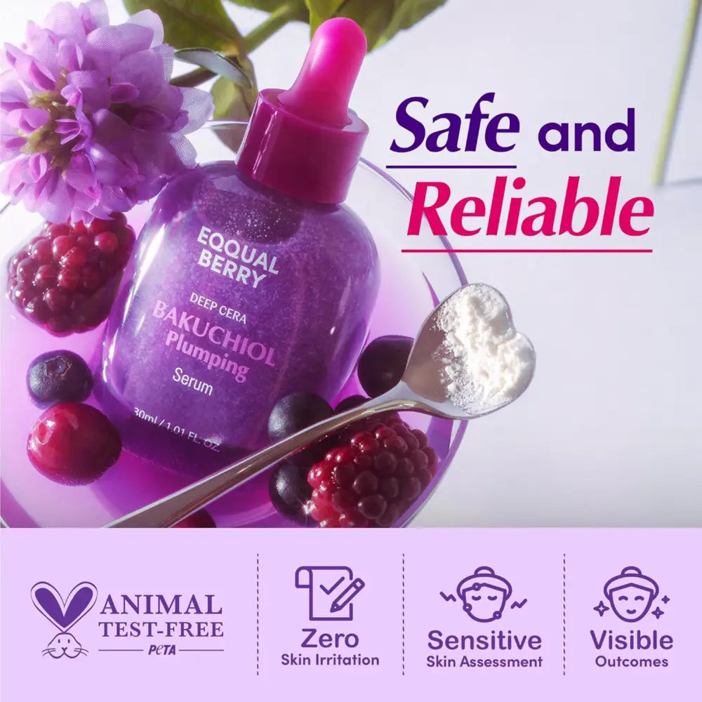 A purple glass bottle of eqqual berry deep cera bakuchiol plumping serum surrounded by berries for authentic k-beauty skin