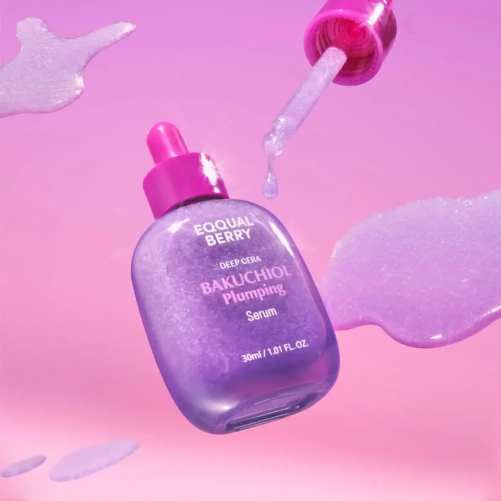 Purple glass dropper bottle with pink cap containing bakuchiol plumping serum for authentic k-beauty skin care