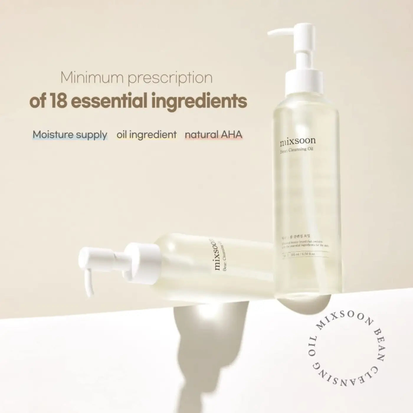 Clear glass bottle with white pump dispenser labeled mixsoon zero cleansing oil containing translucent bean cleansing oil