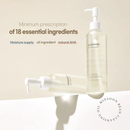 Clear glass bottle with white pump dispenser labeled mixsoon zero cleansing oil containing translucent bean cleansing oil