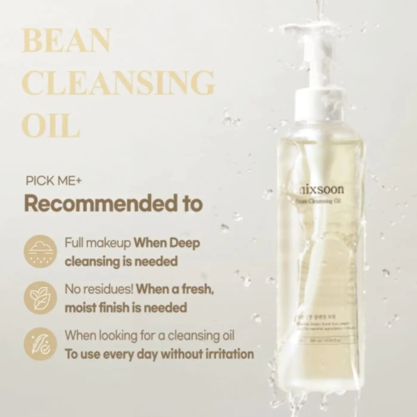 Clear glass bottle of nixsoon bean cleansing oil 195ml with white pump dispenser and golden liquid inside