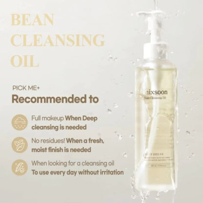 Clear glass bottle of nixsoon bean cleansing oil 195ml with white pump dispenser and golden liquid inside