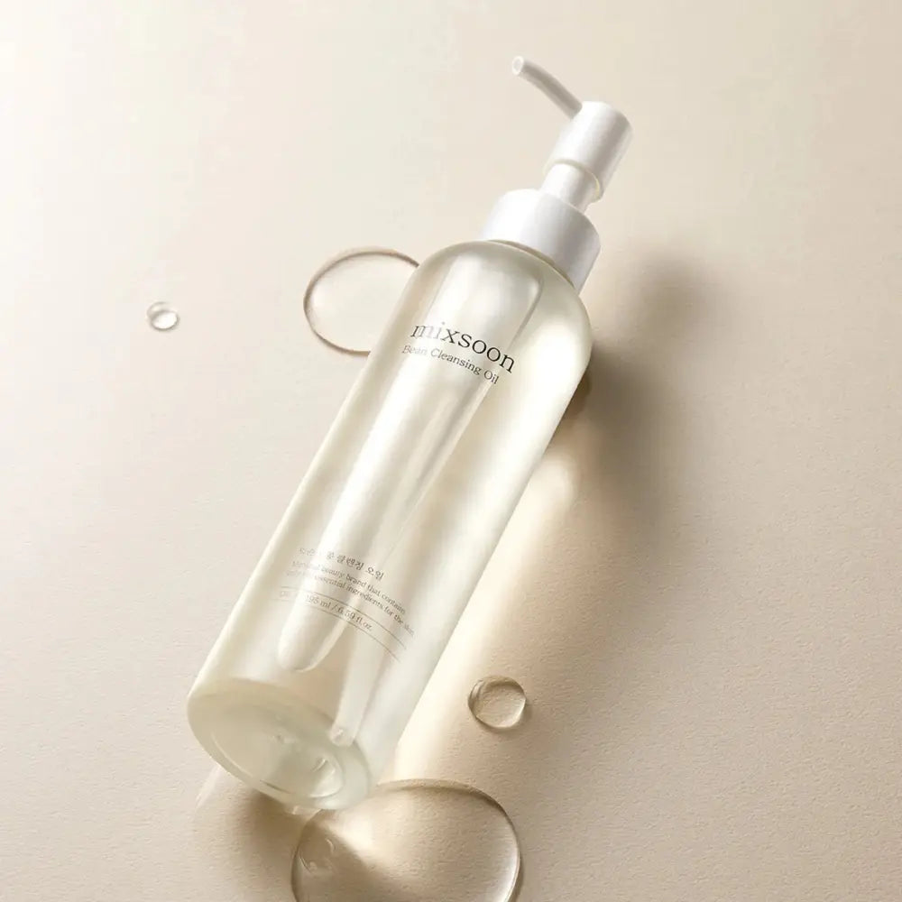 Clear glass bottle of Mixsoon Blossom bean cleansing oil 195ml with white pump dispenser for gentle cleansing oil use