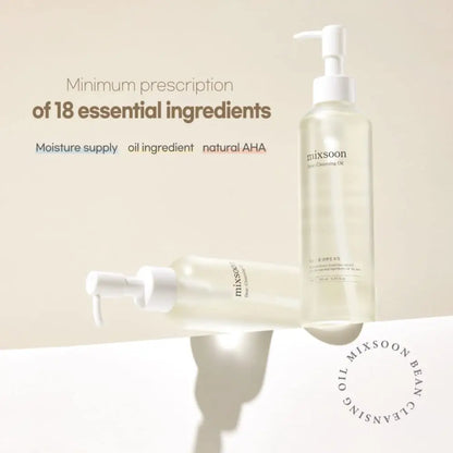 Clear glass bottle with white pump labeled mixsoon zero bean cleansing oil containing translucent cleansing oil