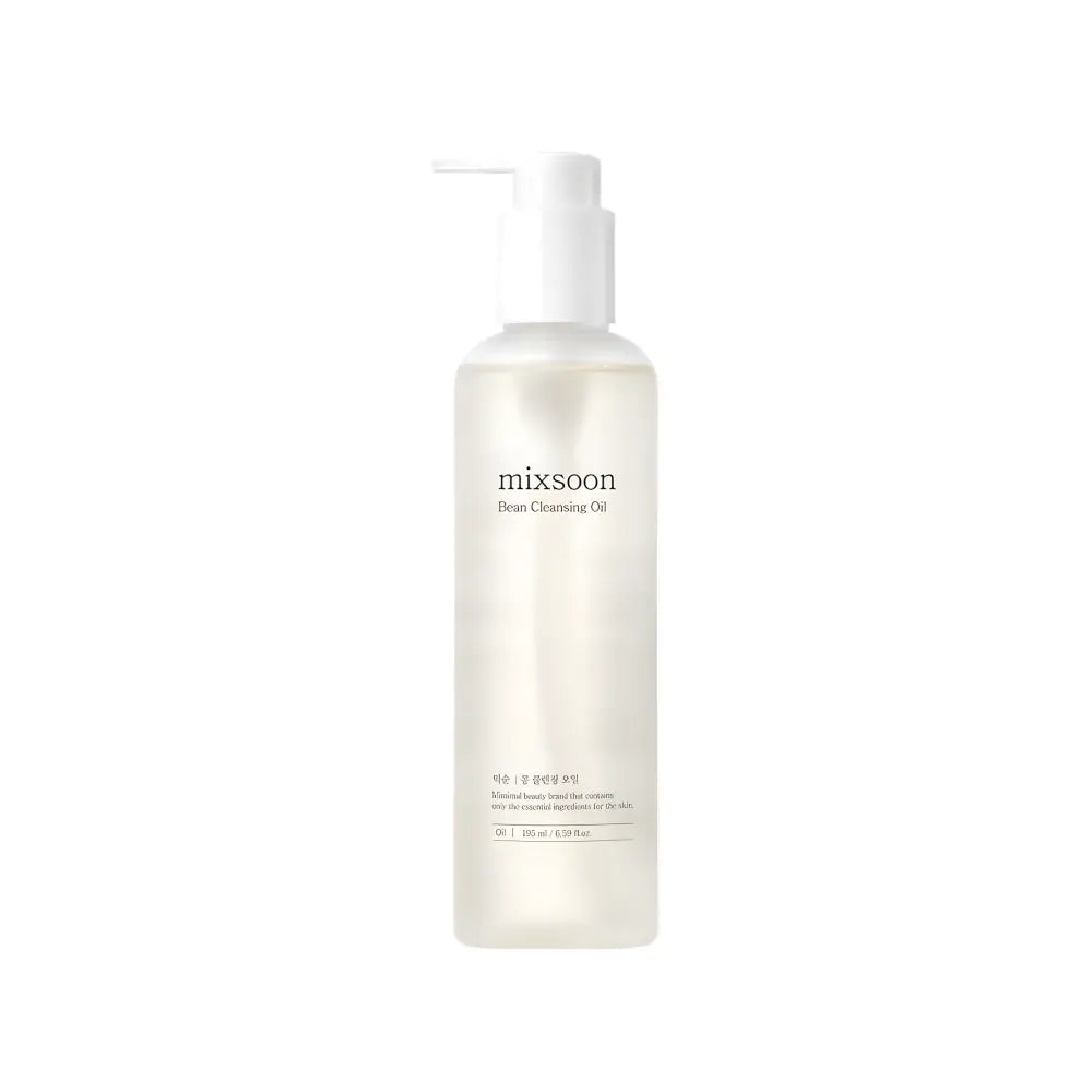 A clear minimalist bottle of Mixsoon bean cleansing oil 195ml with white pump and simple black labeling