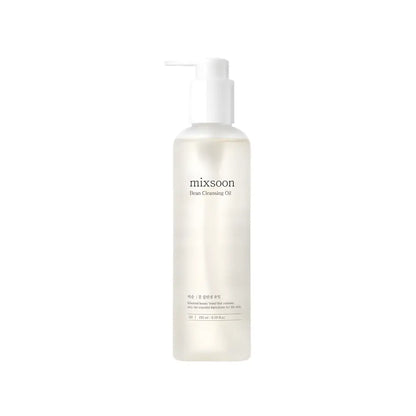 A clear minimalist bottle of Mixsoon bean cleansing oil 195ml with white pump and simple black labeling