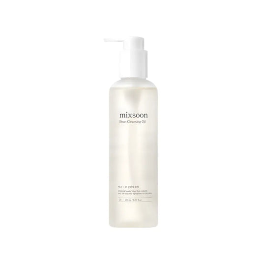 A clear minimalist bottle of mixsoon bean cleansing oil 195ml with white pump and simple black labeling for bean cleansing