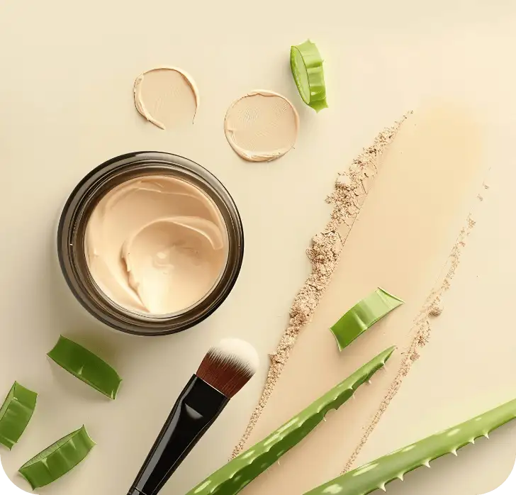 Beige cream foundation in a dark glass jar with a black brush nearby.