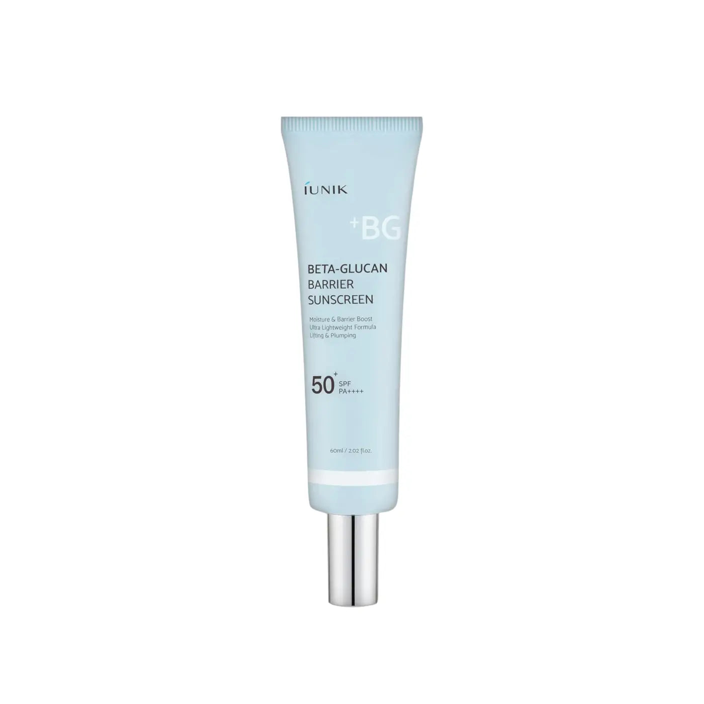 Light blue tube of iunik beta glucan barrier sunscreen spf 50 pa 60ml with silver cap and white text for skin protection