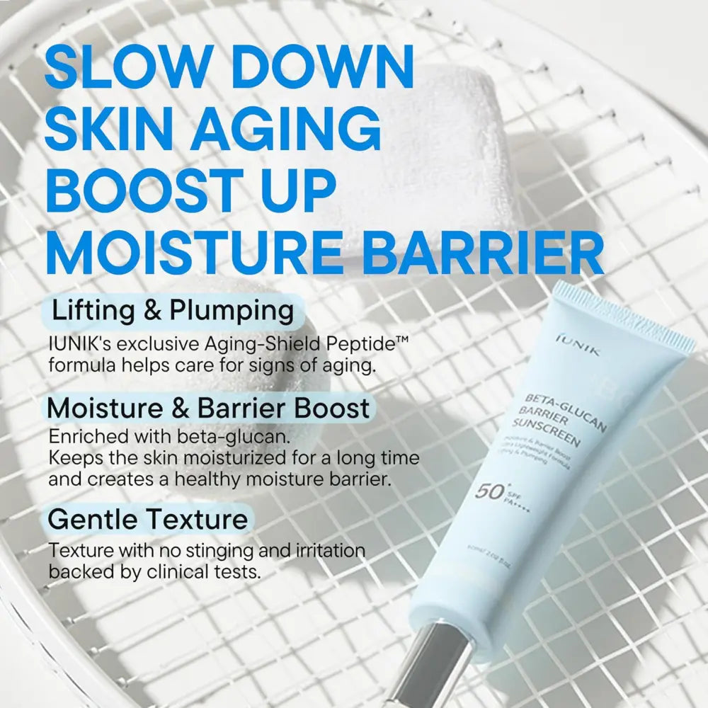 A light blue sleek tube of iunik beta glucan barrier sunscreen spf 50 for skin protection in korean skincare south africa