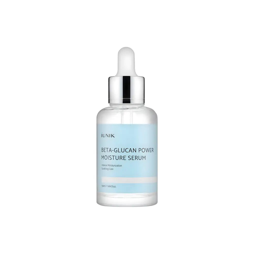 Clear glass bottle with silver dropper cap and light blue label of iunik beta glucan power moisture serum for skin from best korean skincare brands sa