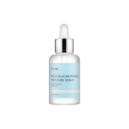 Clear glass bottle with silver dropper cap and light blue label of iunik beta glucan power moisture serum for skin from best korean skincare brands sa