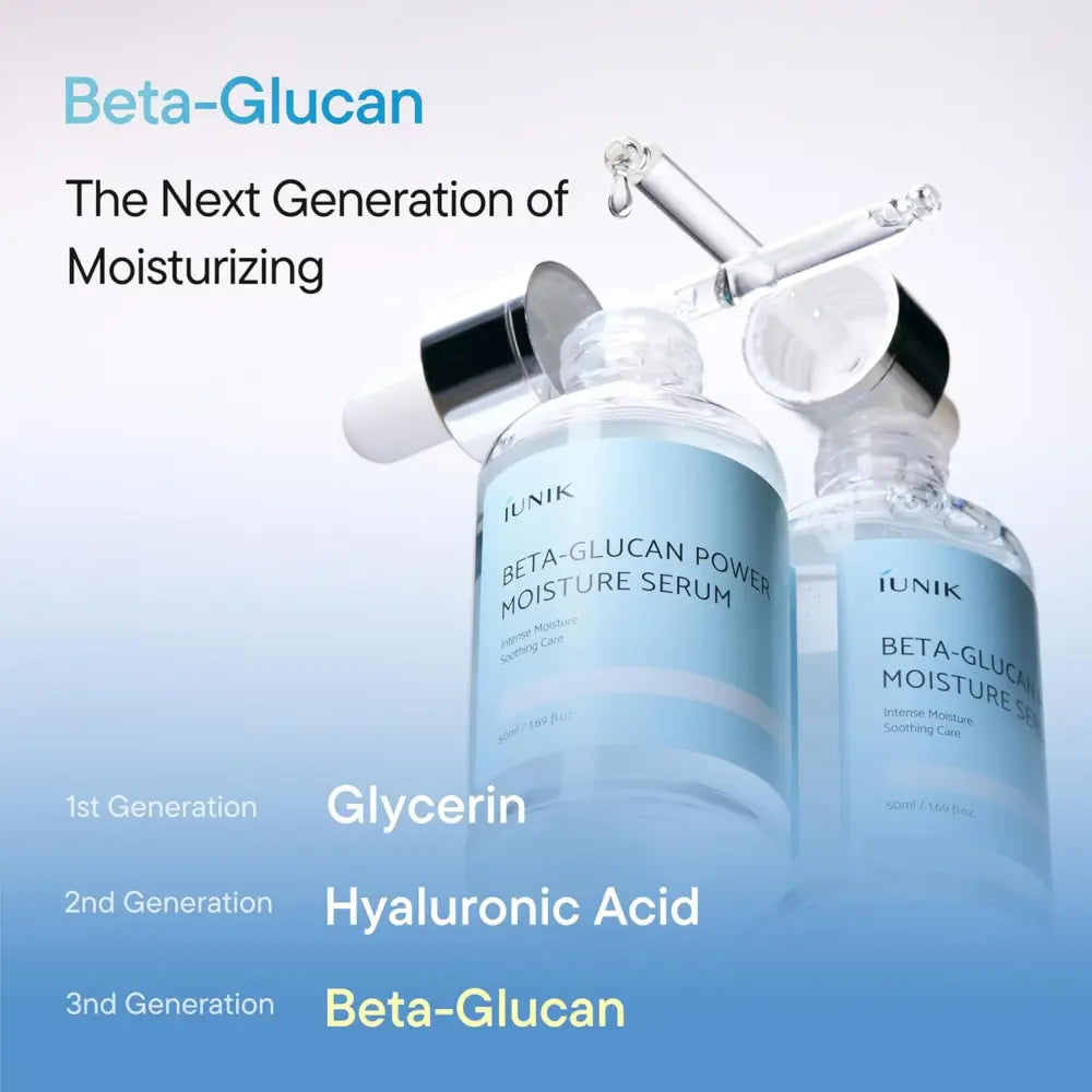 Clear glass bottles with black caps and light blue labels of iunik beta glucan power moisture serum for skin care
