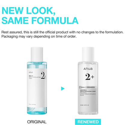 Clear glass bottle with white cap and minimalist label containing light blue gentle exfoliating toner 150ml with salicylic acid