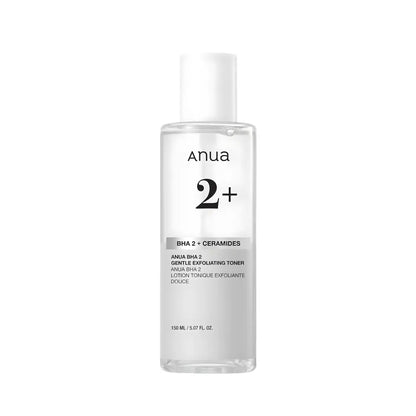 Clear glass bottle with white cap featuring anua bha 2 plus gentle exfoliating toner 150ml with salicylic acid
