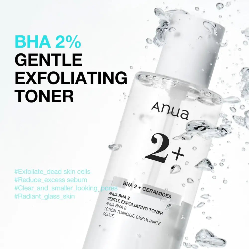 Clear glass bottle of anua bha 2% gentle exfoliating toner 150ml with white pump and minimalist black labeling containing salicylic acid