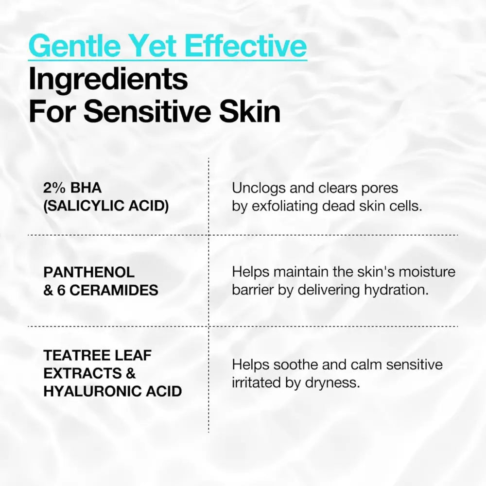 Back label of bha 2% gentle exfoliating toner 150ml showing salicylic acid panthenol ceramides and tea tree extracts